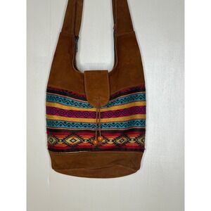 Malky Arte Nativa Brown Suede Woven Boho Crossbody Hobo Bag Geometric Pattern
